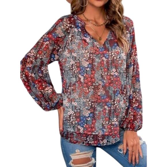 Women's Casual Boho Floral Print V-Neck Long Sleeve Blouses XL - Picture 1 of 11